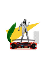 Vertical creative collage picture poster funky young stylish girl dancing huge cassette player...