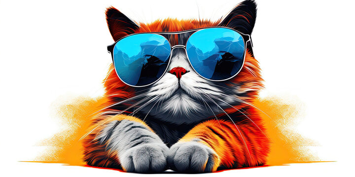 Illustration portrait of a red cat in sunglasses on a white background.