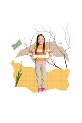 Vertical template collage of funny little cute schoolgirl posing outdoors plants trees have fun sale season isolated on beige background