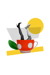 Fototapeta premium Vertical collage creative poster black white filter two human legs stick out big cup beverage retro shoes yellow white background