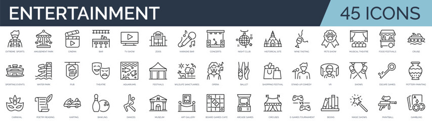 Set of 45 outline icons related to entertainment. Linear icon collection. Editable stroke. Vector illustration