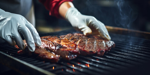 Hands of a cook frying a beef steak on a barbecue grill. - obrazy, fototapety, plakaty