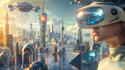 A visual narrative set in a futuristic metropolis, where a person equipped with advanced VR goggles gazes out over a cityscape teeming with aerial vehicles and towering skyscrapers, evoking a sense