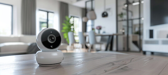 home security camera placed on a table in a modern minimalist living room