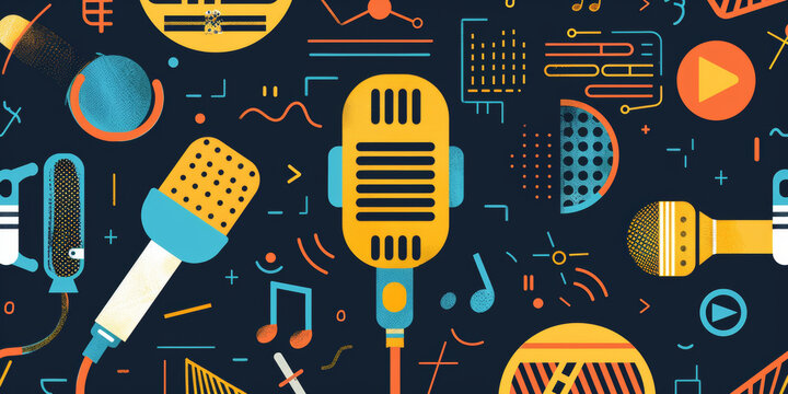 Colorful Vintage Microphones and Musical Elements Pattern