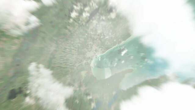 Earth zoom in from space to Corozal, Belize. Followed by zoom out through clouds and atmosphere into space. Satellite view. Travel intro. Images from NASA