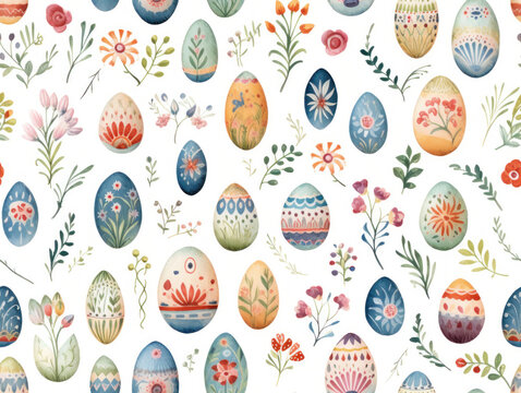 Seamless illustration of Easter decorated eggs on a white background in watercolor paint style.