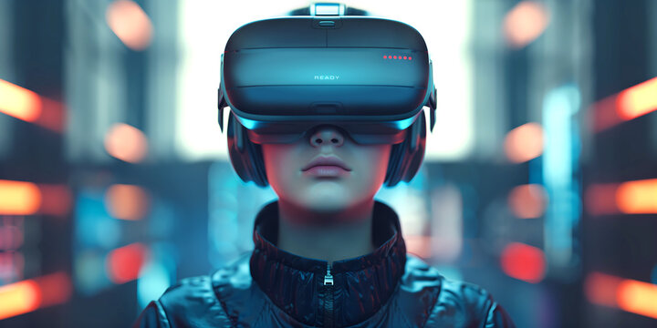 A teenager wearing VR headset, playing with his goggles, ready for a game in a futuristic cyber world - Virtual reality, innovation and new technology abstract concept
