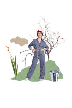 Vertical collage picture of pretty confident girl gardener put hands waist denim overall growing flower tree bucket isolated on beige background