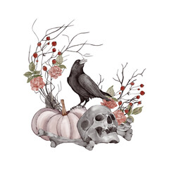 Fototapeta premium Halloween illustration with skulls and crows