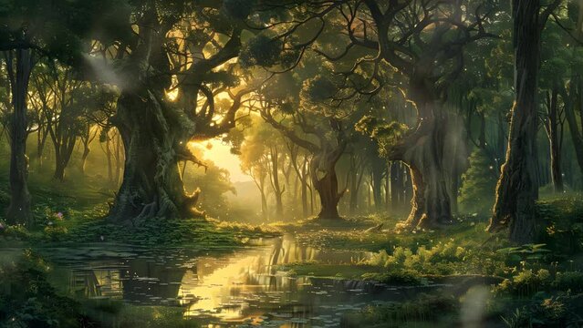 Serene forest scene with a tranquil lake in the distant background. Seamless Looping 4k Video Animation