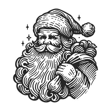  Santa Claus with a full beard and a joyful smile in black and white line art sketch engraving generative ai fictional character raster illustration. Scratch board imitation. Black and white image.