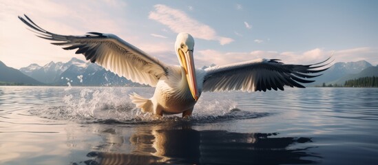 A seabird with a long beak and feathers is soaring over a liquid lake, its wings spread wide against the backdrop of the cloudy sky - obrazy, fototapety, plakaty