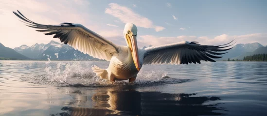 Foto op Canvas A seabird with a long beak and feathers is soaring over a liquid lake, its wings spread wide against the backdrop of the cloudy sky © AkuAku