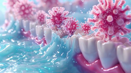Design a 3D close-up scene of bacteria characters building a fortress on a tooth, only to be washed away by a stream of toothpaste, showcasing the effectiveness of brushing, vibrant color - obrazy, fototapety, plakaty