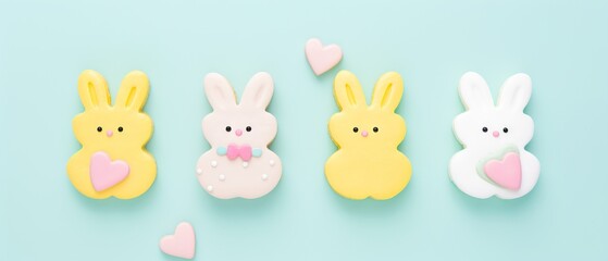 Decorated bunny-shaped Easter cookies with hearts on a blue background
