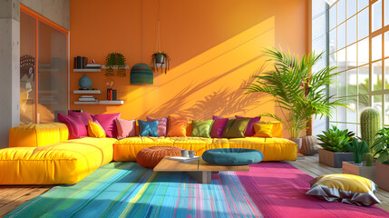 A bright living room features a yellow couch, colorful rug, and throw pillows.