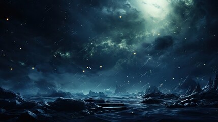 Dark, moody digital art of a meteor shower in a starry sky above a jagged, alien landscape