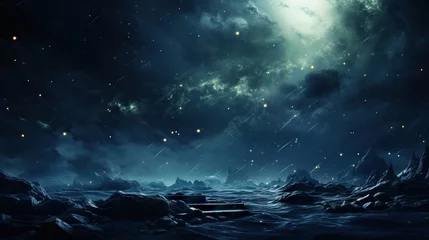 Poster Dark, moody digital art of a meteor shower in a starry sky above a jagged, alien landscape © artem