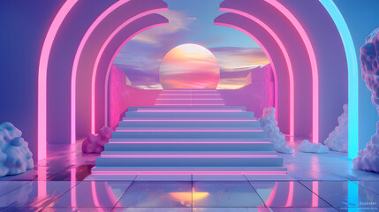 Digital artwork featuring a pink staircase with neon lighting and a sunset in the background