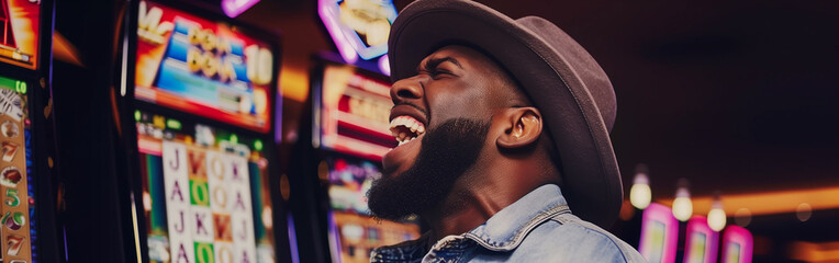 African American man in a hat rejoices after winning. slot machines in a brightly lit casino. - obrazy, fototapety, plakaty