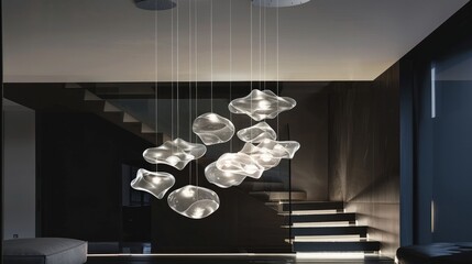A contemporary glass geometric ceiling lamp with a modern design is showcased against a dark