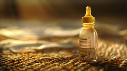 A baby's baby bottle lay on the carpeted floor, light streaming through the window behind it. - obrazy, fototapety, plakaty