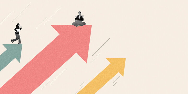 Contemporary art collage of business. employee moving forward to success. Concept of business, finance, economy, professionalism and success