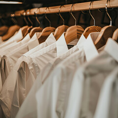 A row of white shirts hanging on a rack. The shirts are neatly folded and arranged in a row. Concept of order and organization, suggesting that the person hanging the shirts is meticulous