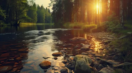 Fotobehang forest river with stones on shores at sunset. Natural Landscape  © CREATIVE STOCK
