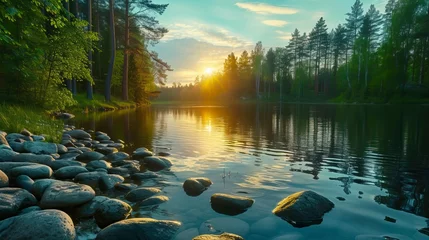 Fotobehang forest river with stones on shores at sunset. Natural Landscape  © CREATIVE STOCK