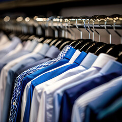 A rack of clothes with blue and white shirts hanging on it. The clothes are neatly folded and organized