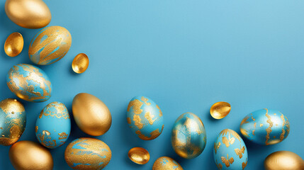 A blue background with gold eggs scattered around it. The eggs are decorated with gold and blue paint, giving them a festive and celebratory feel