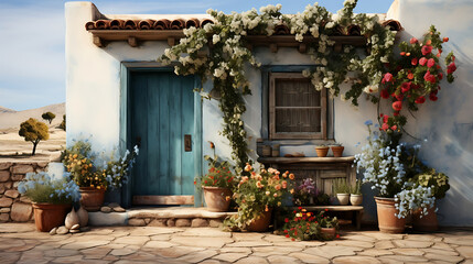 Fototapeta na wymiar Enchanting Entrance: A Vibrant Tapestry of Blooms Adorns a Rustic Blue Wooden Door Set Against a Weathered Wall, Infusing Charm and Whimsy