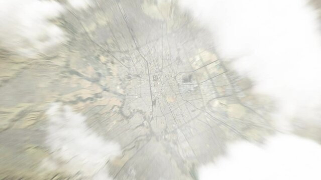 Earth zoom in from space to Riyadh, Saudi Arabia. Followed by zoom out through clouds and atmosphere into space. Satellite view. Travel intro. Images from NASA