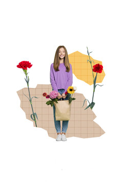 Creative retro 3d magazine collage image of smiling charming child kid buying flowers mother day isolated beige color background