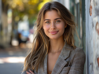 Positive young woman smiling, standing on a city street.