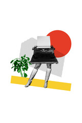 Vertical collage creative poster black white filter human foot headless typewriter machine plant...