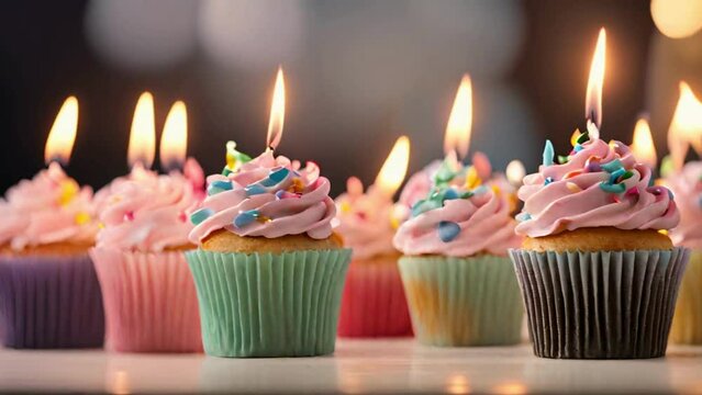 Birthday cupcakes with lighted candle on top 4k Video. Happy birthday, anniversary cake background