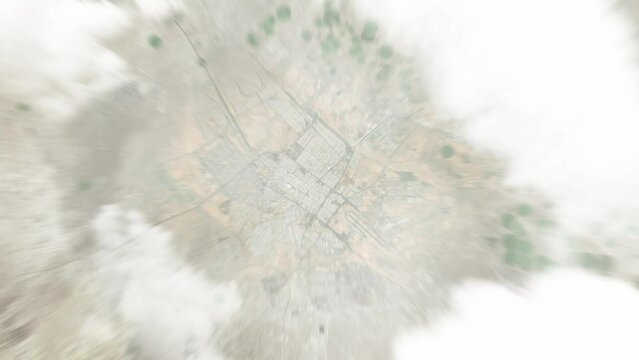 Earth zoom in from space to Tabuk, Saudi Arabia. Followed by zoom out through clouds and atmosphere into space. Satellite view. Travel intro. Images from NASA