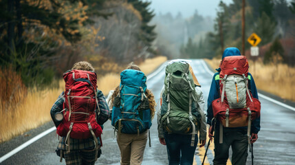 Backpackers walk along a road lined with autumn trees, passing by a warning sign, ready for the unexpected