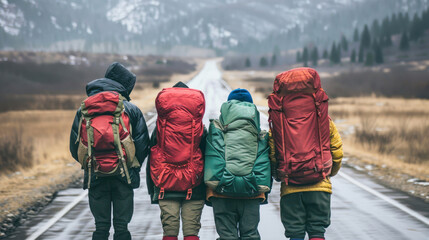 A group of hikers with colorful backpacks traverse a railroad track surrounded by a misty winter landscape - obrazy, fototapety, plakaty
