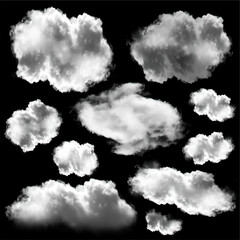 Realistic cloud shapes collection over black background