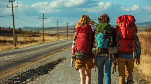 Vibrant image of friends with backpacks enjoying a hike on a sunny road, with rural landscape around