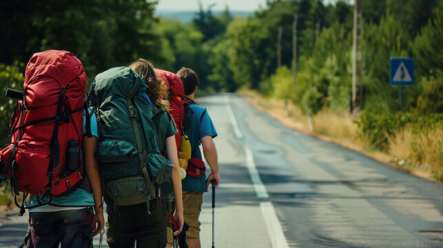 Close-knit Friends Share A Moment Of Adventure While Walking Down A Sunny Forest-lined Road