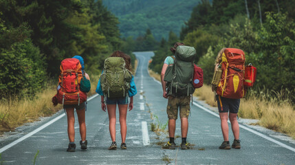 A quartet of travelers with backpacks embark down a road lined with lush greenery, symbolizing a quest and the beauty of nature