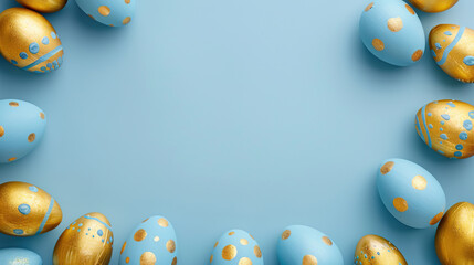 A blue background with gold and blue eggs in a circle