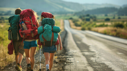 A back view of four friends hiking on a sunny road with backpacks, reflecting youth, adventure, and a love for the outdoors