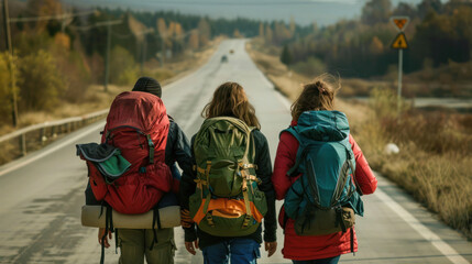 Three backpack-clad friends wander along a highway with autumnal surroundings, capturing the essence of adventure and freedom