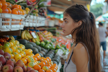 A young woman looks at fresh fruit at the weekly market